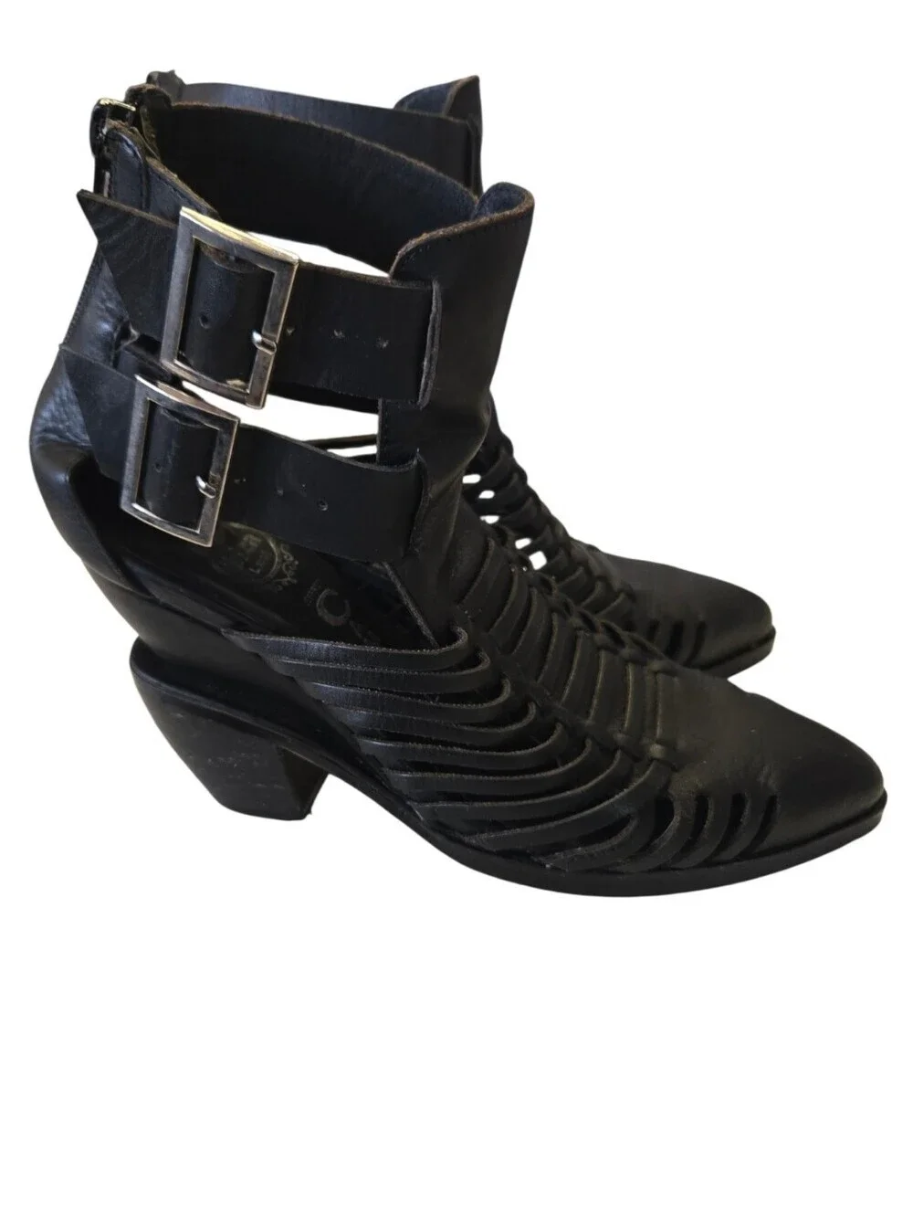 Jeffrey Campbell Cantu-Low Black Leather Cage Heel Booties Size 8.5 🔥
